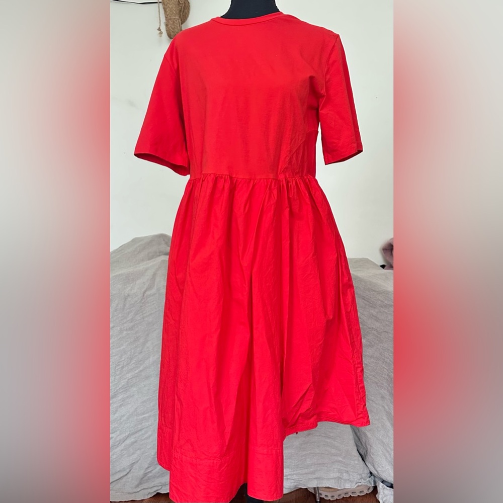 COS Red Asymmetrical Short-Sleeve Gathered-Waist Dress Scarlet Red Oversized